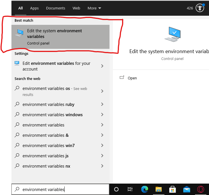 Look in the search results for Edit System Environment Variables