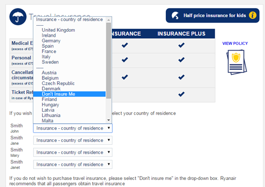 RyanAir travel insurance screenshot