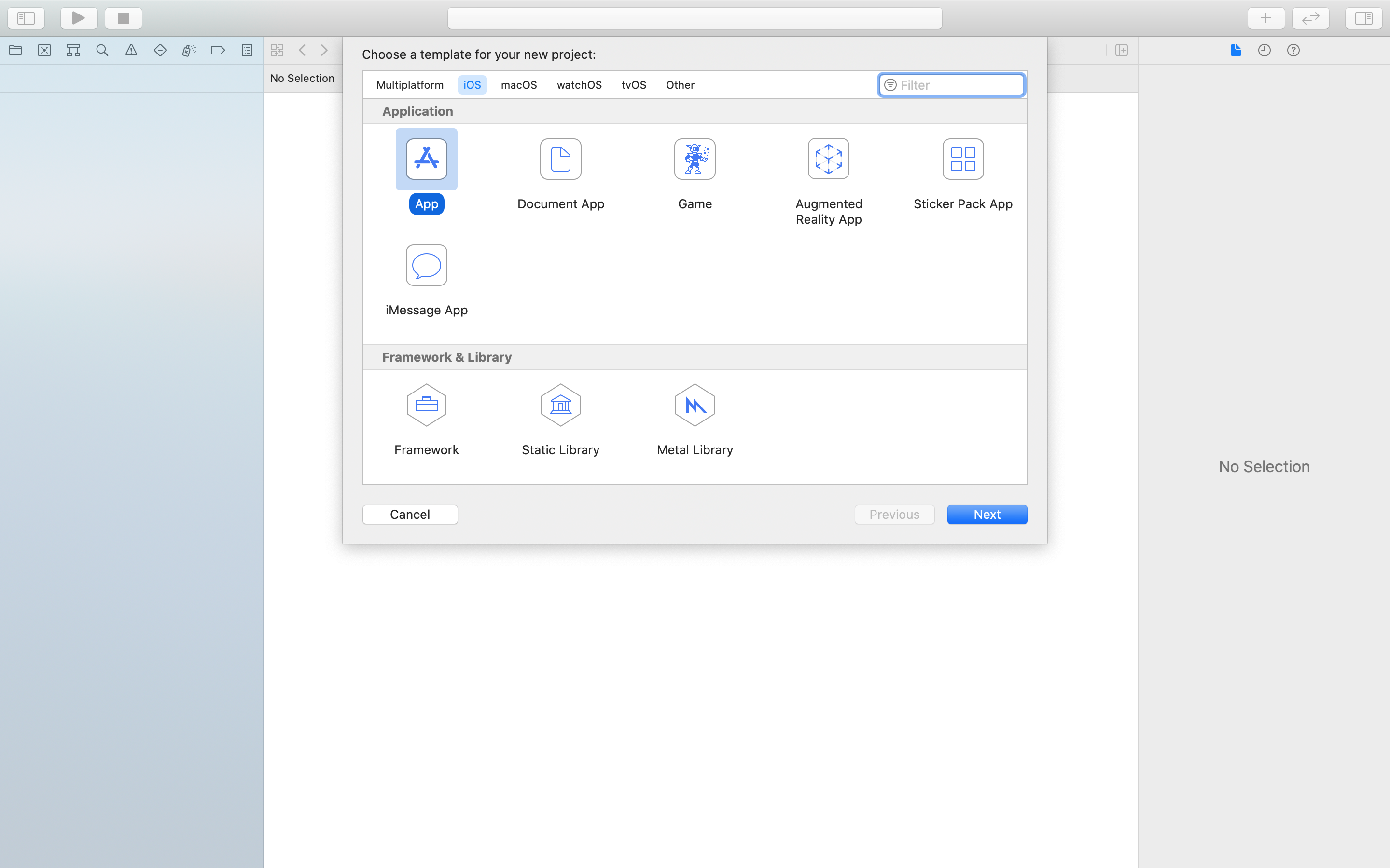 The first screen of Xcode's "New Project" interface, with the "App" option selected under the "iOS" section