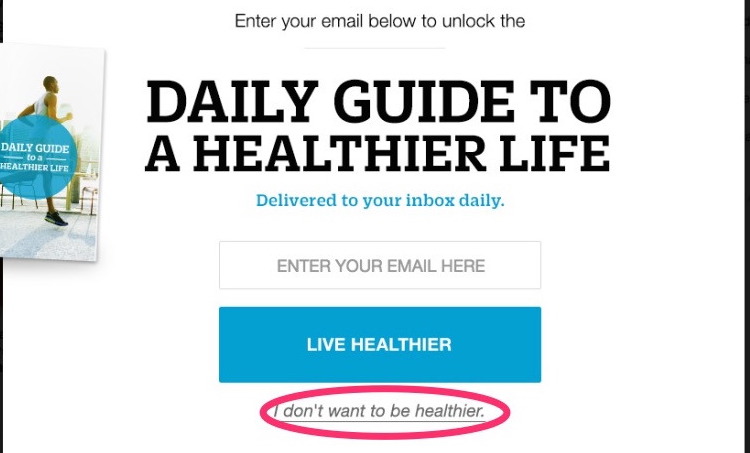 Screenshot of an email subscription modal. The decline option reads I don't want to be healthier.