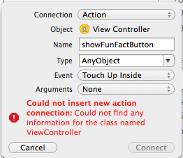 Screen shot of pop-up connection dialog for button error in Xcode v.6.0.1.