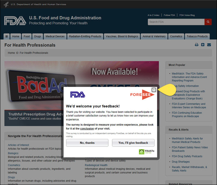 FDA.gov follows through with keyboard accessibility by making it possible to navigate to and out of pop-ups. It is extremely important for users to be able to close pop-ups or they will be stuck inside them.