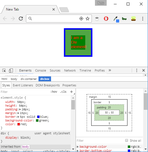 Box model in Chrome dev tools