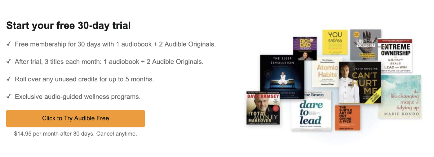 Amazon banner offering users a free Audible book, followed by a $14.95 per month subscription in small text