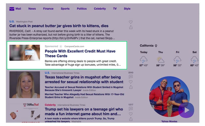 Screenshot from Yahoo! in which an advertisement is designed to mimic an article in a news feed
