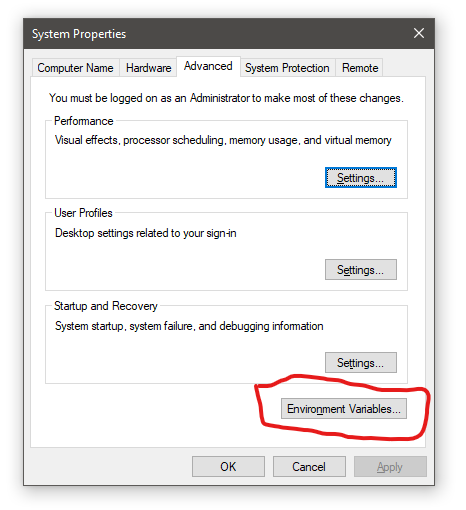 Select the environment variable button