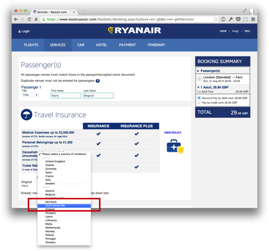 RyanAir travel insurance screenshot