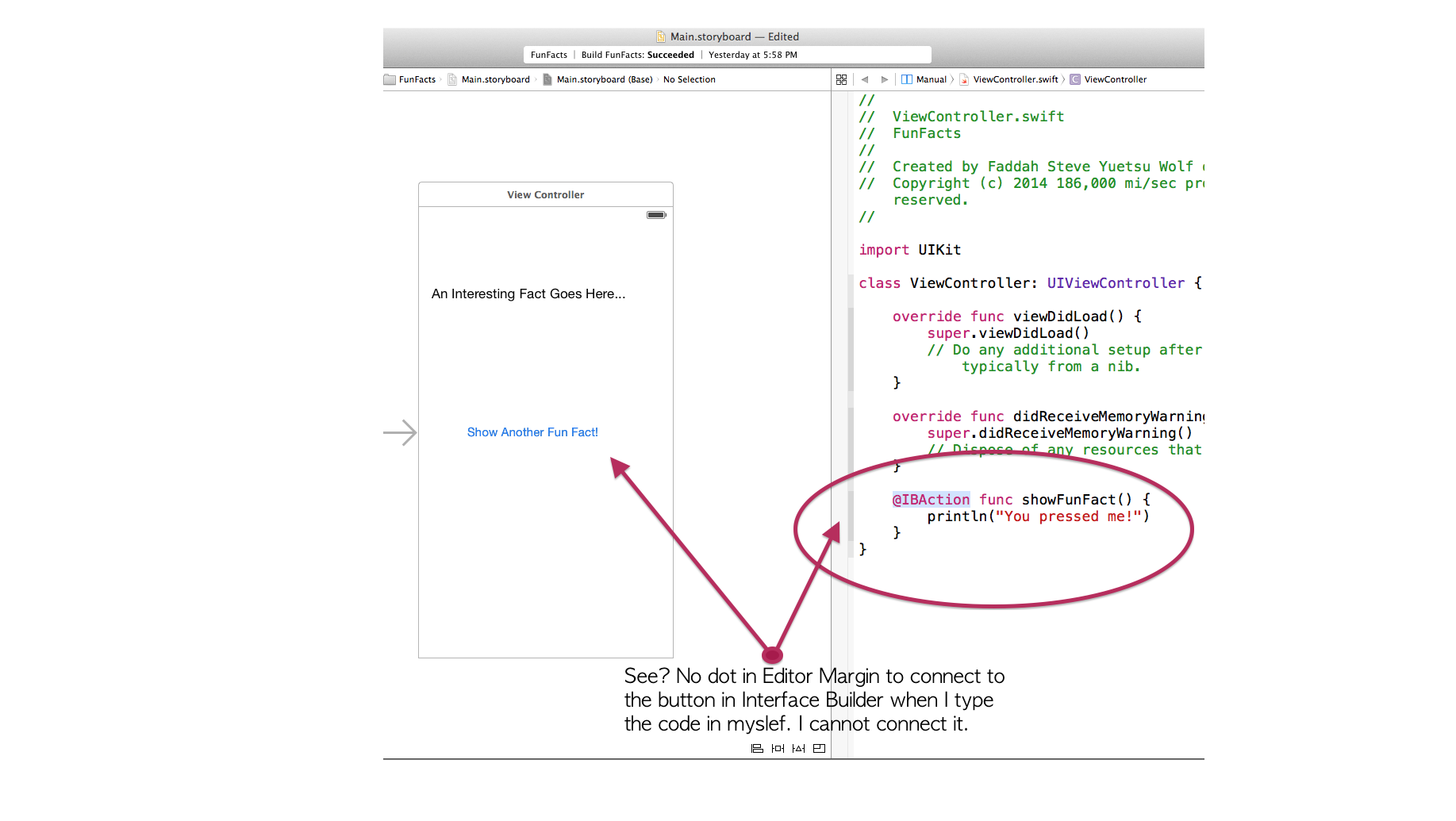 Screen shot of no dot showing up next to typed in code for connection to Interface Builder in Xcode v.6.0.1.