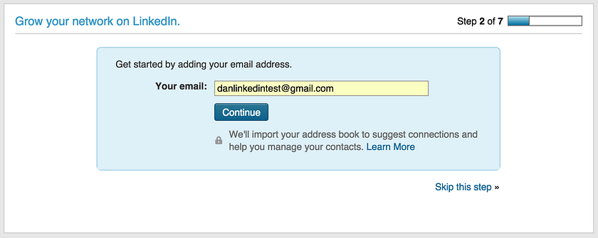 LinkedIn signup screenshot. Small text reads We'll import your address book to suggest connections and help you manage your contacts.