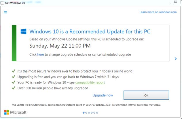 Screenshot of Microsoft modal recommending an upgrade to Windows 10