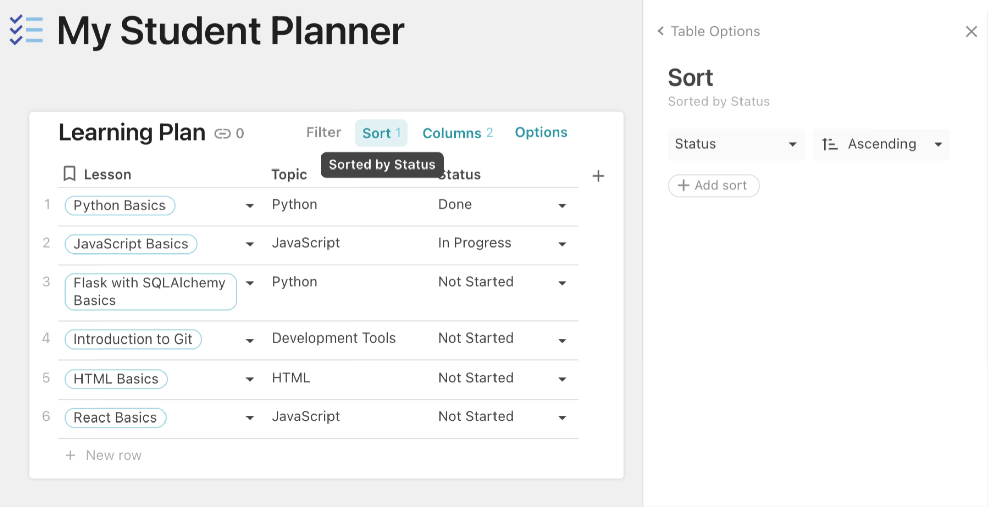 Coda's table sort options