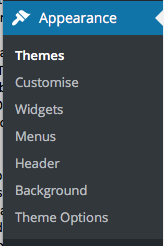 Screenshot of WordPress Appearance Tab; it says Themes, Customise, Widgets, Menus, Header, Background and Theme Options