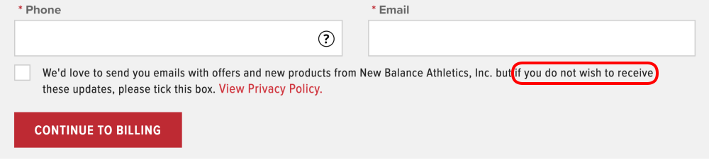 Screenshot from New Balance checkout process. Text reads We'd love to send you emails with offers and new products from New Balance Athletics, Inc. but if you do not wish to receive these updates, please tick this box.