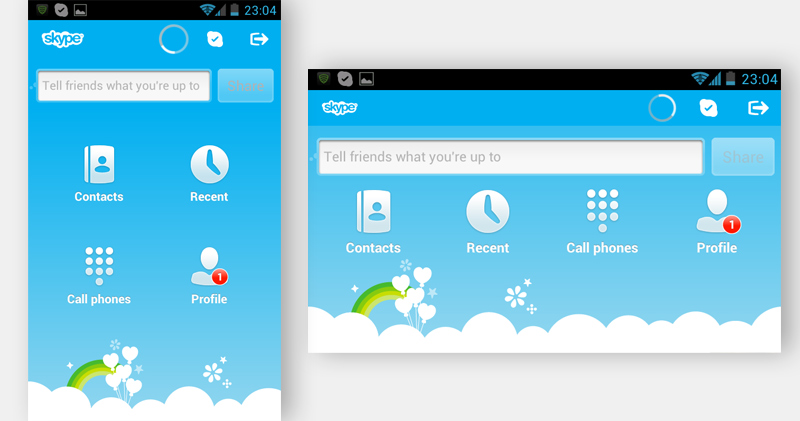 In Skype’s mobile interface, the icons change position when the screen moves from portrait to landscape.